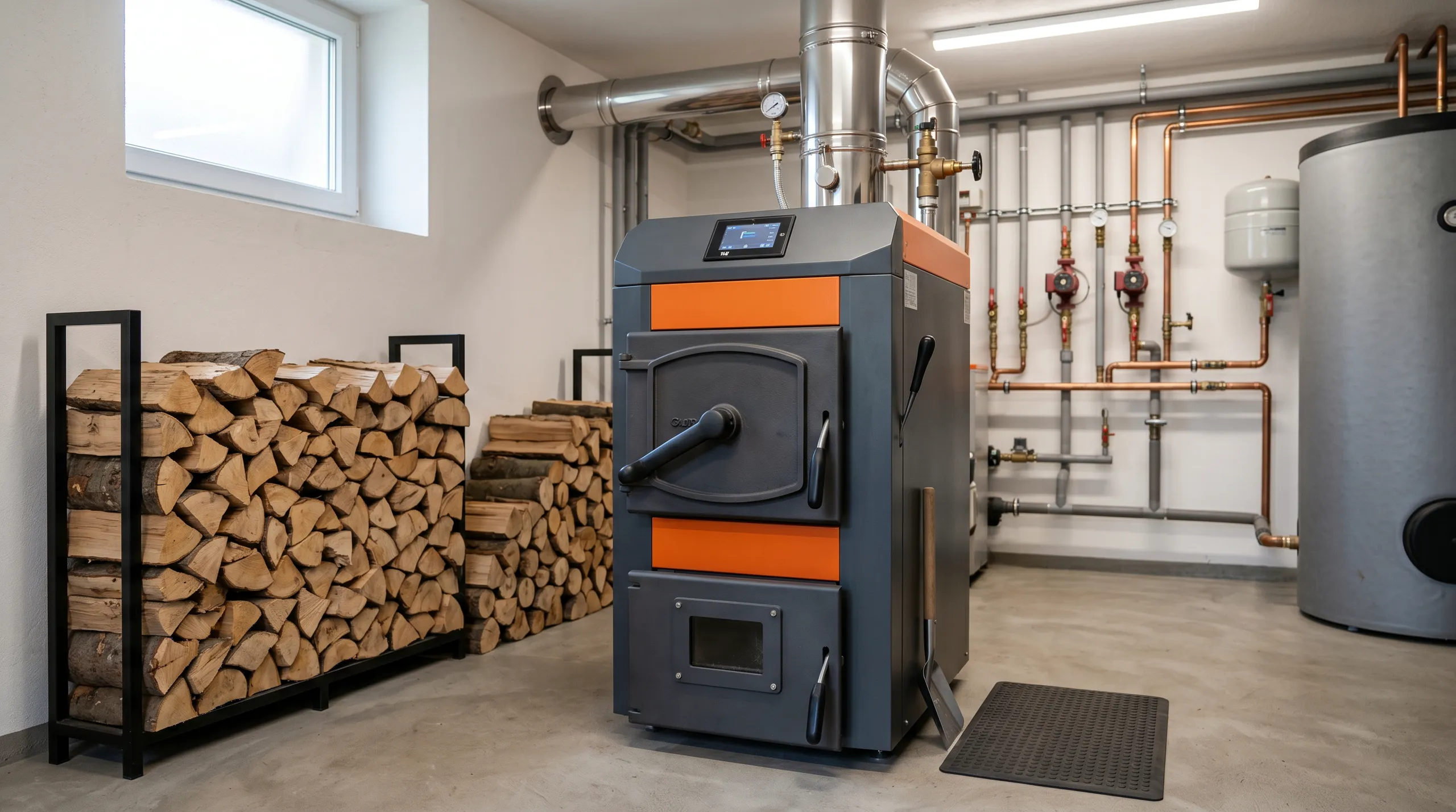 Nowoczesny kocioł na pellet w pomieszczeniu instalacyjnym z drewnem i instalacjami grzewczymi