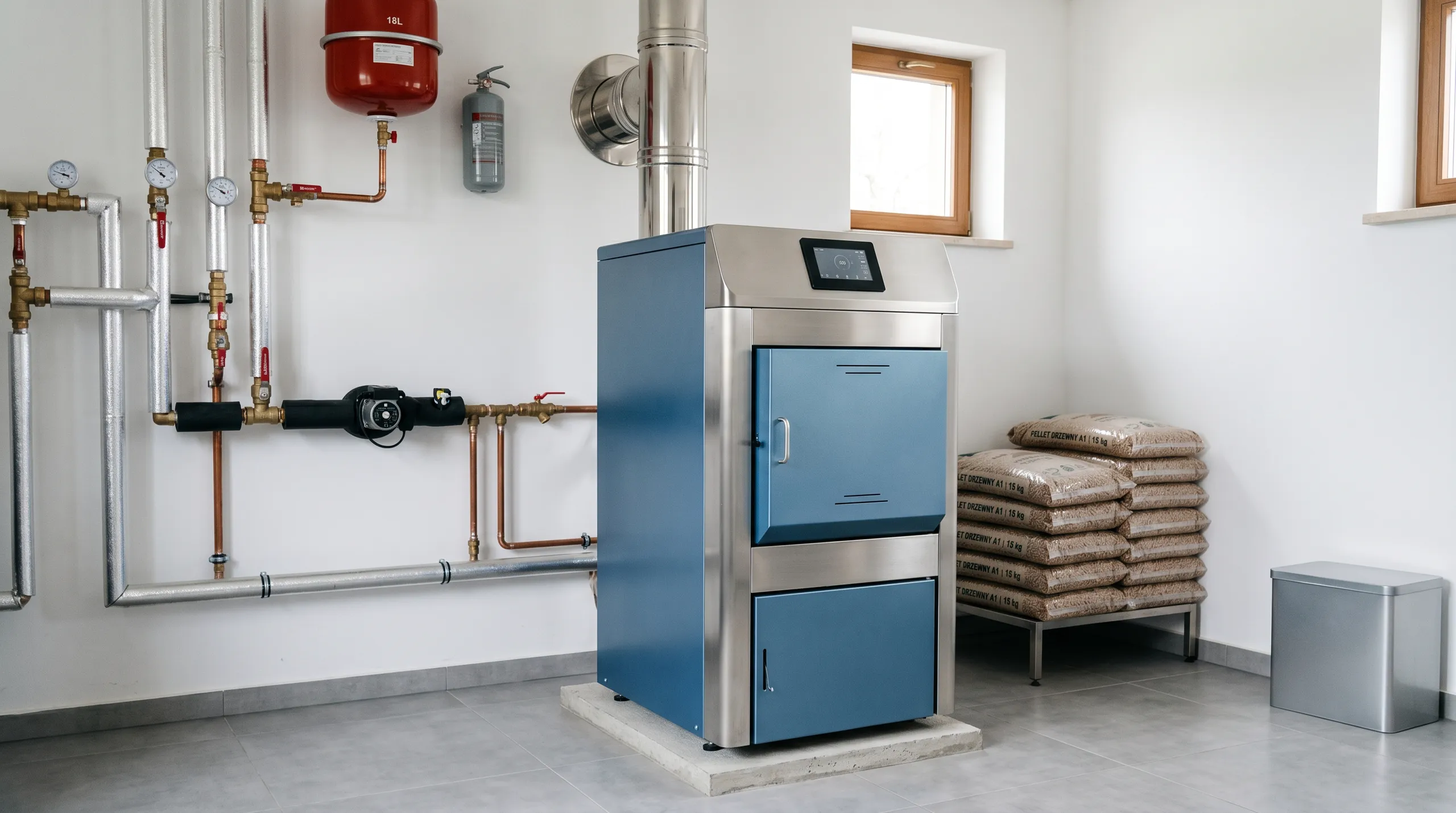 Nowoczesny piec na pellet w instalacji grzewczej, otoczony rurami i akcesoriami