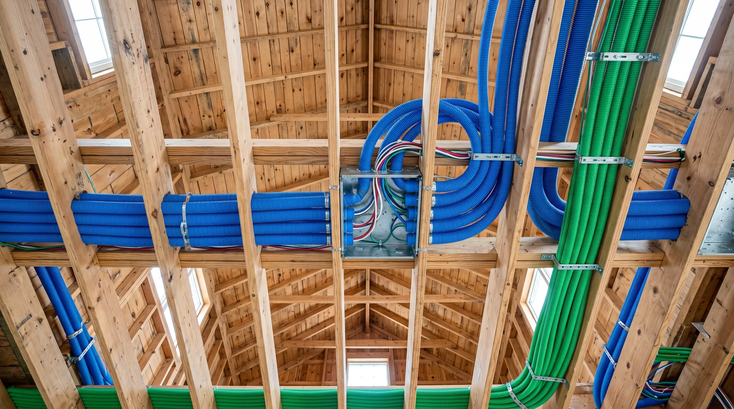 Widok instalacji hydraulicznych w poddaszu z kolorowymi rurami, przygotowywanymi do montażu